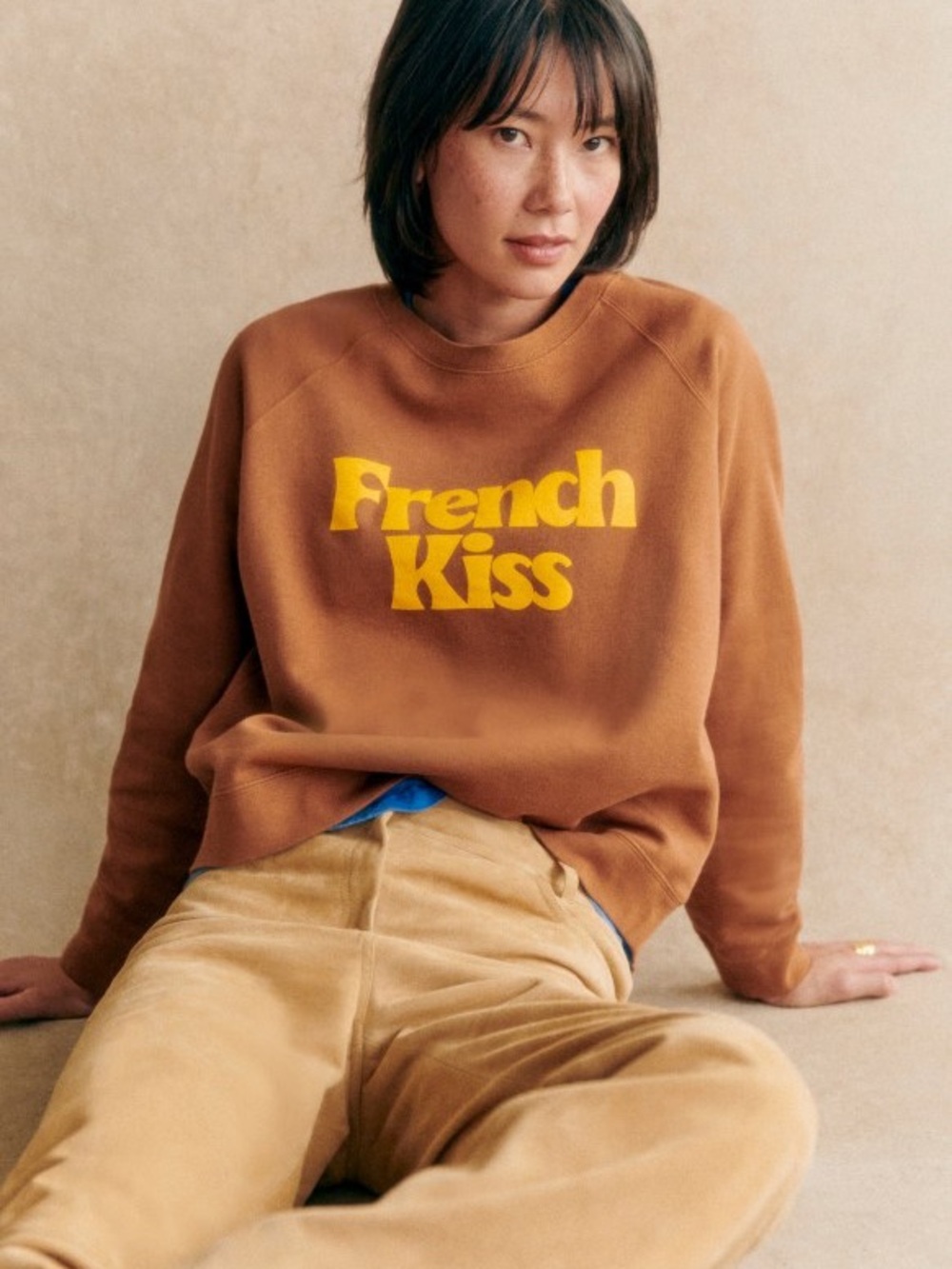 Sezane French Kiss Graphic Sweatshirt - Brown with Yellow Print